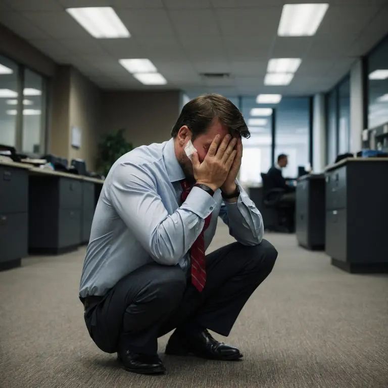 Funcionario llorando de rodillas en mitad de la oficina