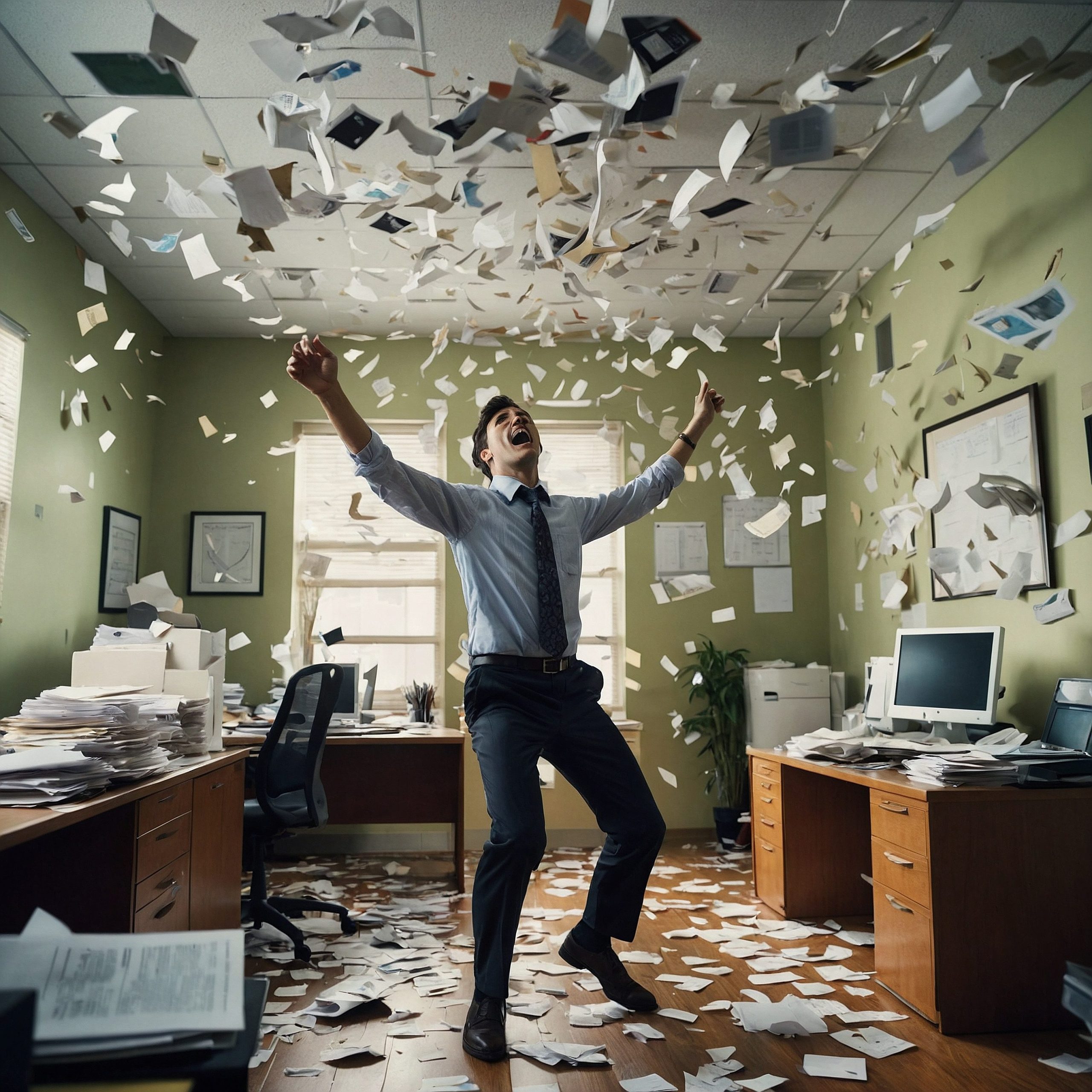 Funcionario bailando en una oficina