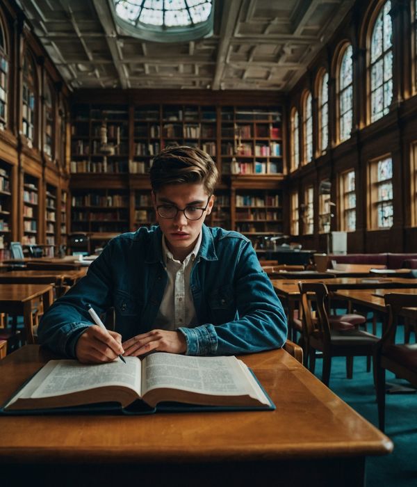 Opositor estudiando en una biblioteca